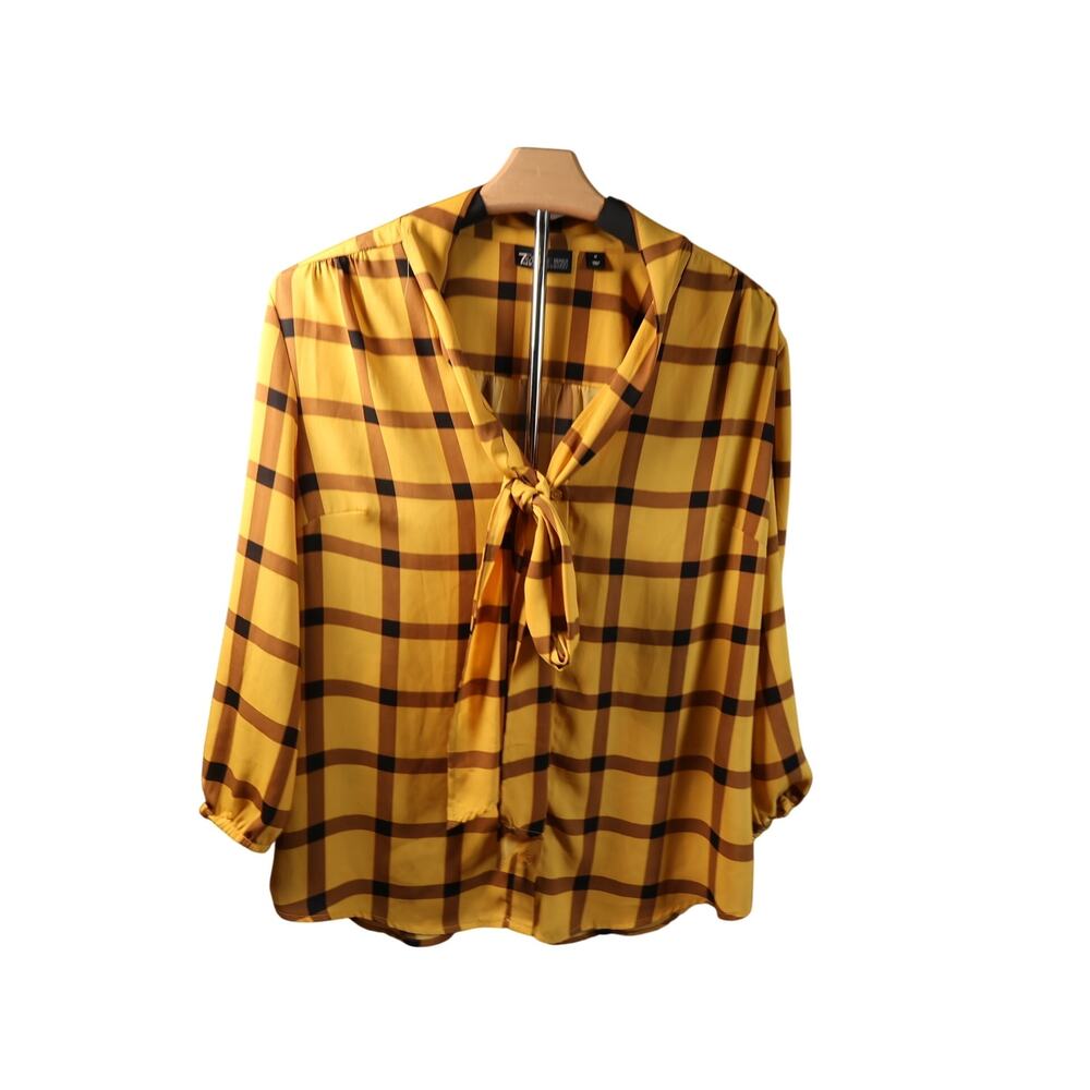 Yellow Plaid Tie-Neck Blouse Yellow Brown Preppy Sz M Button Down